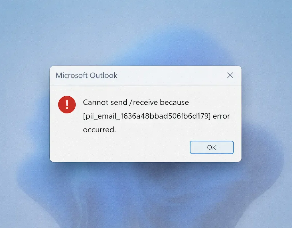 Outlook error dialog showing [pii_email_1636a48bbad506fb6d79] message
