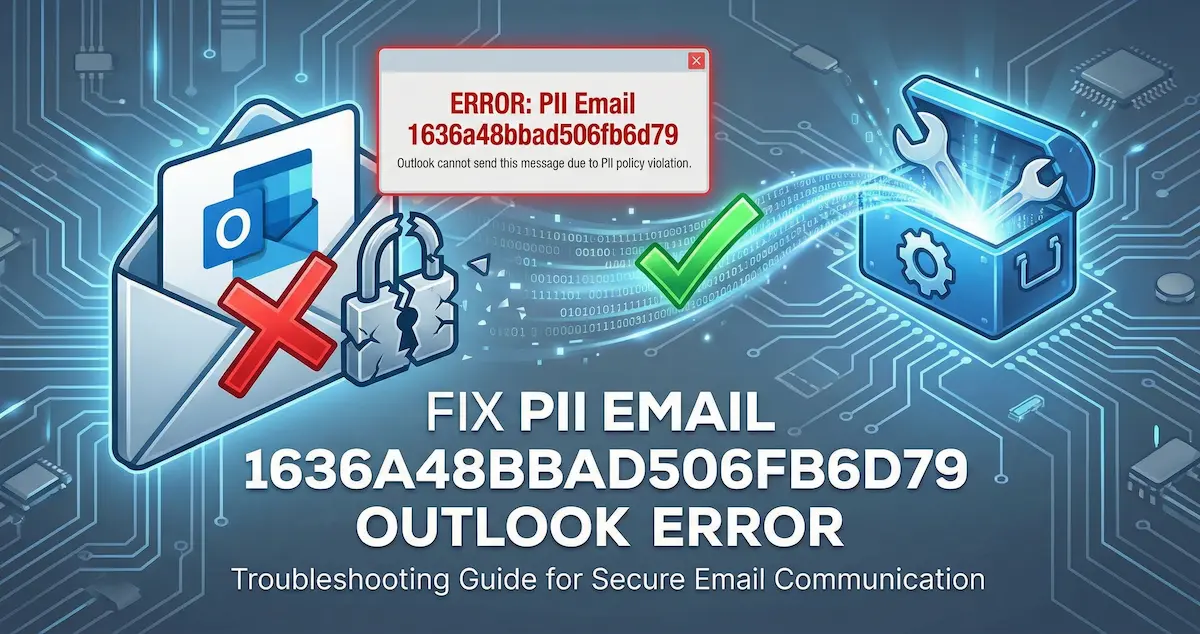 Illustration depicting the resolution of the [pii_email_1636a48bbad506fb6d79] Error in Microsoft Outlook. On the left, a blocked email icon with a red X and broken padlock sits next to an error pop-up displaying the code. On the right, a glowing toolbox with a green checkmark sends repairing data streams to fix the issue.